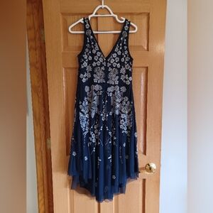 Aidan Mattox Navy and Silver Floral Midi Dress